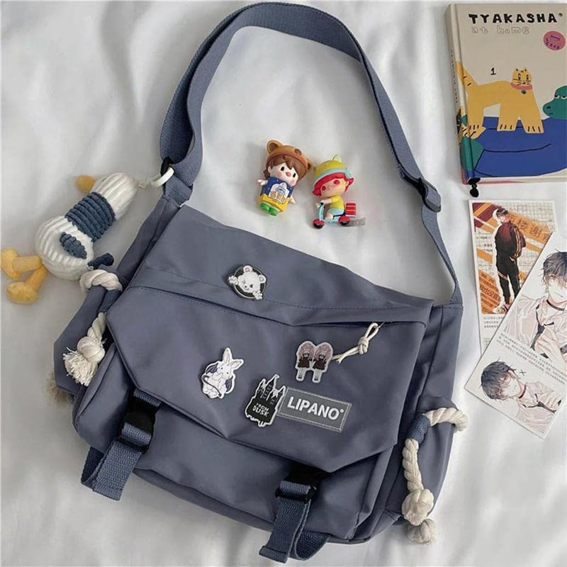 INSHERE Aesthetic Crossbody Bag with Cute Pins and Ornament, Nylon Shoulder Messenger Bag Japanese Kawaii Bag for Women Men - Image 4